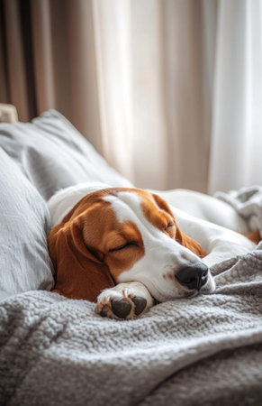 A peaceful basset hound dog sleeps deeply on the bed, relaxed in soft sunlightの素材
