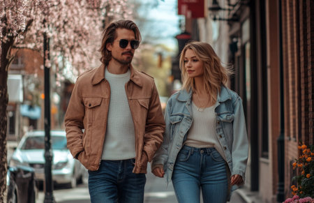 A fashionable man and woman strolling in the city, enjoying spring weather and flowersの素材