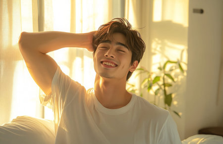 A handsome Asian man stretches his body in the bedroom, smiling and blocking sunlightの素材