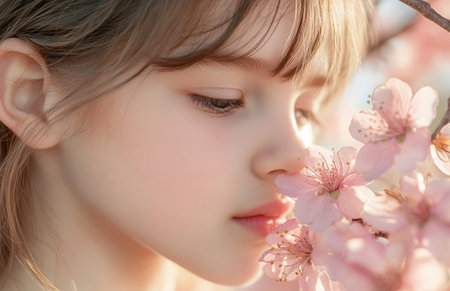 A young girl enjoys the fragrance of peach blossoms in a beautiful springtime settingの素材