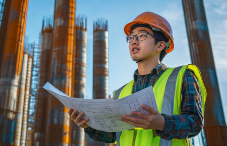 A young Asian engineer holds blueprints, standing on construction site with steel pillars and skyの素材
