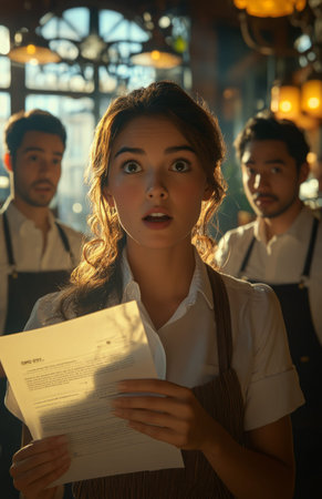 A woman is surprised while holding an official document, with restaurant staff in the backgroundの素材