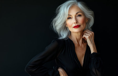 Stunning senior woman with silver hair, red lips, wearing black silk dress, posing elegantly in studioの素材