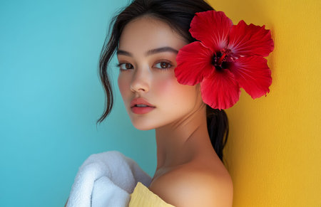 A beautiful Asian woman in a yellow dress with a red hibiscus flower and towelの素材