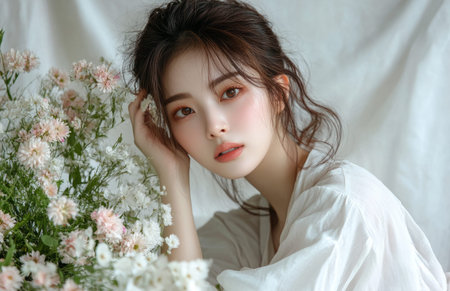 Beautiful young Asian woman with flowers, wearing an oversized shirt, touching hair, posing on grayの素材