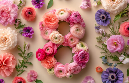 Spring flowers arranged as 8 symbolizing Women's Day, with pastel tones on beige backgroundの素材