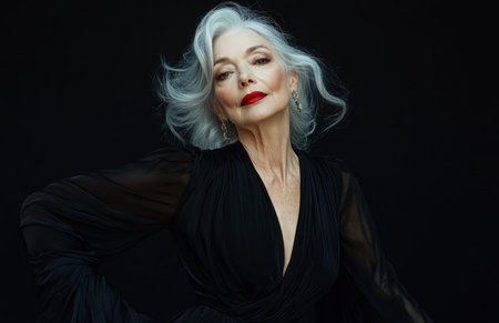 Stunning senior woman with silver hair, red lips, wearing black silk dress, posing elegantly in studioの素材