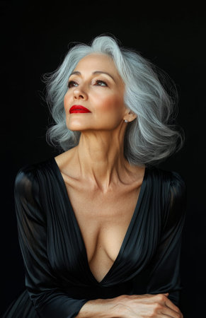Stunning senior woman with silver hair, red lips, wearing black silk dress, posing elegantly in studioの素材