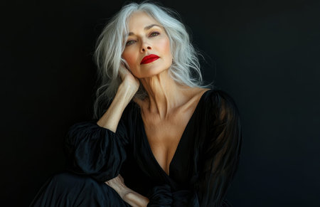 Stunning senior woman with silver hair, red lips, wearing black silk dress, posing elegantly in studioの素材