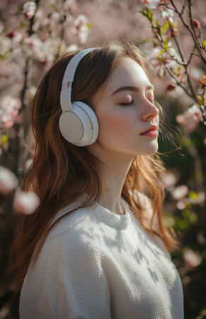A serene moment of a woman enjoying music in a peach orchard with spring bloomsの素材