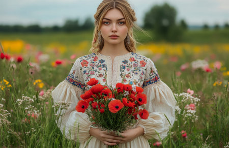Young woman in traditional Ukrainian embroidered shirt holds poppy bouquet in colorful wildflower meadowの素材