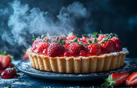 A strawberry tart with fresh strawberries, surrounded by flowers and delicate smoke on dark backgroundの素材