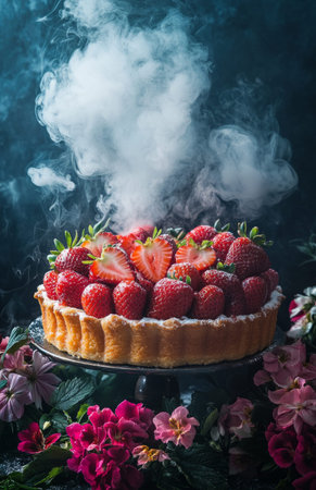 A strawberry tart with fresh strawberries, surrounded by flowers and delicate smoke on dark backgroundの素材
