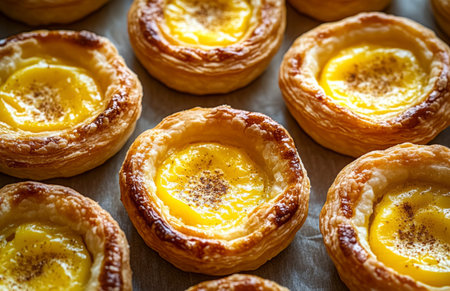 A close-up of egg tarts showcasing their golden-brown crust and rich yellow fillingの素材