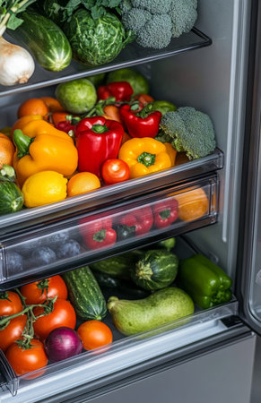 Fresh vegetables and fruits in an open modern refrigerator for healthy lifestyle conceptの素材