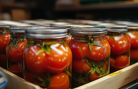 Pickled tomatoes in a glass jar, perfect for preserving, garnished with aromatic herbs and spicesの素材