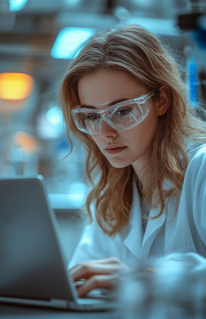 Female scientist using laptop in laboratory with advanced equipment for radiographic and data analysisの素材