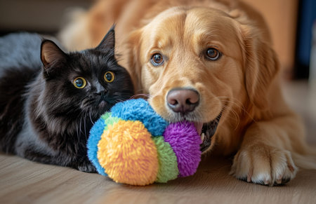 Golden Retriever and black cat joyfully playing with a colorful plush toy on a wooden floor indoorsの素材