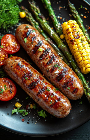 Grilled sausages served with asparagus, corn, and tomatoes on a stylish black plateの素材