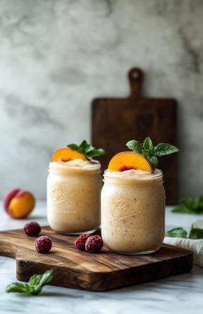 Fresh peach and berry smoothie in mason jars, with a wooden table and empty boardの素材