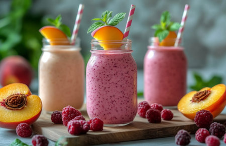 Fresh peach and berry smoothie in mason jars, with a wooden table and empty boardの素材