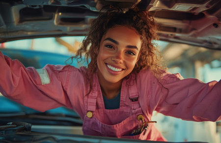 Smiling young woman in pink overalls repairing car engine and looking at cameraの素材