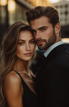 Elegant couple in formal attire, embracing on city street, showcasing love and styleの素材