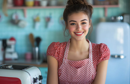 Smiling woman in red and white polka dot dress with apron, using a toasterの素材