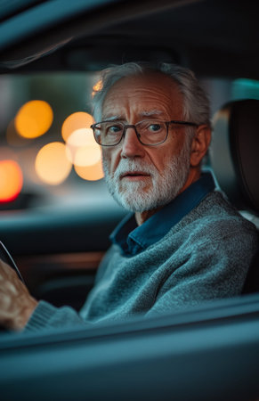 Elderly man with a surprised expression driving his modern car in casual attireの素材