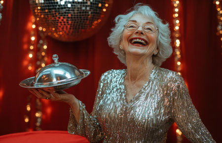 Laughing elderly woman in a sequin dress, serving dish on red table with glittering backgroundの素材