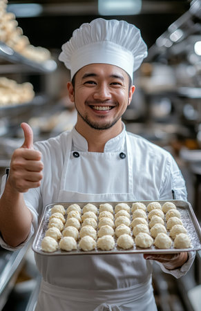 Smiling male chef in white uniform holds cookie dough balls, giving thumbs-up in bakery kitchenの素材
