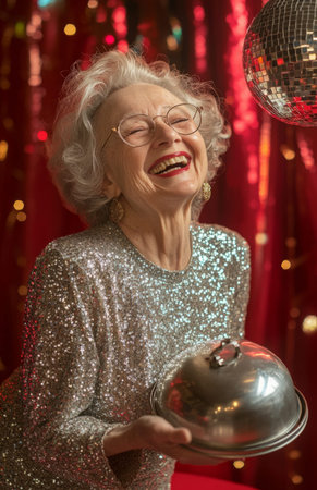 Laughing elderly woman in a sequin dress, serving dish on red table with glittering backgroundの素材