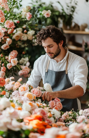 A florist in an apron arranging flowers at a table, full-length shot, white backgroundの素材