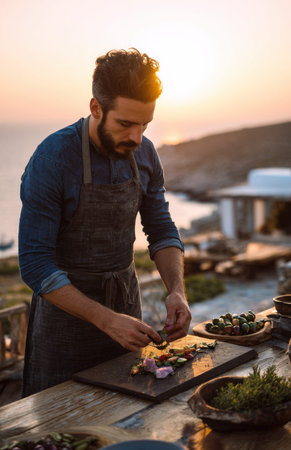 Vertical shot of a male chef in an apron carefully arranging grilled vegetables on a slate board at an outdoor terrace during sunset.の素材