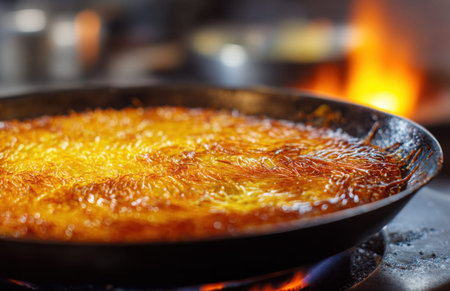 Close-up of a pan containing golden vermicelli pastry (Kunafa) cooking over a gas stove flame. Steam rises from the hot dessert.の素材