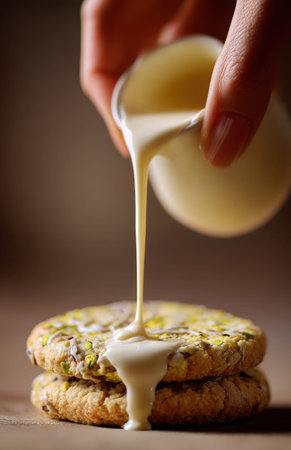 Chef hand pouring smooth white chocolate sauce from a jug onto gourmet cookies. Decorating pastry process close up.の素材
