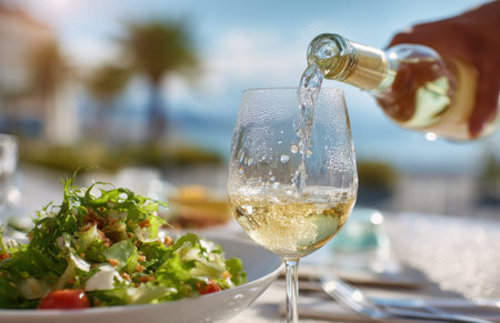 Close up of refreshing alcoholic beverage being served at table with fresh salad. Dining al fresco with blurred sea background on sunny day.の素材