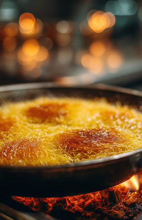 Close up of traditional shredded pastry frying in hot pan over flames. Delicious middle eastern dessert preparation with warm blurred background.の素材