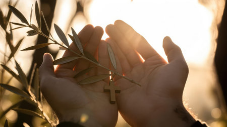 Hands Holding Olive Branch Cross Peaceの写真素材