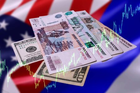Schedule of changes in the Russian ruble and the us dollar. Russian and American money on an abstract background with country flags and a trading chart.の写真素材