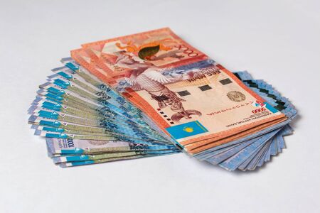 Tenge on white background. Kazakh money. Banknotes tenge. Money Kazakhstan Tengeの写真素材