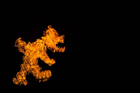 Fire in the form of a walking dog or beast. Fire flames on black background. fire on black background isolated. fire patterns.の写真素材