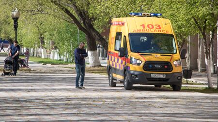 Petropavlovsk, Kazakhstan - 06.05.2020: An ambulance arrived on call for a sick patient to provide...