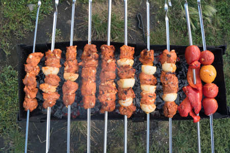 Photo cooking fry shish kebab, BBQ, barbecue, shashlik or meat on coals. Cooking meat in the grill on skewers in nature in the summer on a picnic. Pork on the grillの写真素材