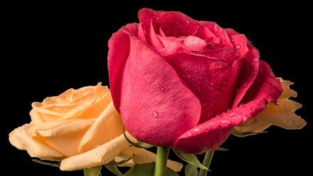 Photo of a bouquet of three roses with water drops and dew on a black background isolated. Red and yellow-peach roses close-up. Macro photography of flowersの写真素材