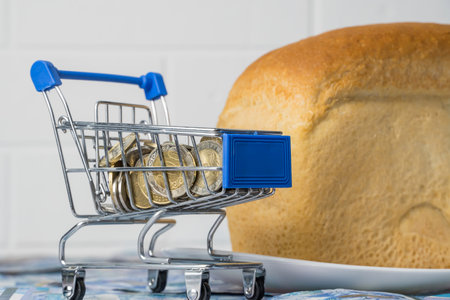 Kazakhstan tenge KZT in a grocery basket with bread. Rising food prices and groceries in Kazakhstan...