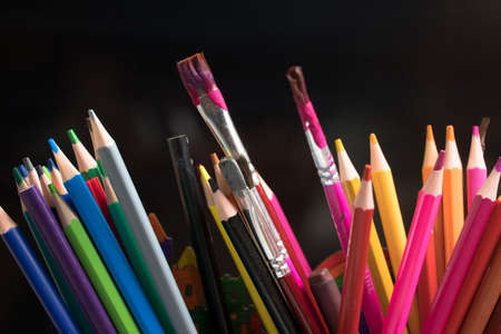 A set of colored pencils, stationery. Lots of colorful pencils on the table. Drawing and Visual Art Kitsの写真素材