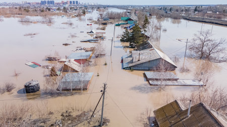 Global warming, floods on the planet.The apocalypse, catastrophes.Storms and destruction.Natural disasters,climate change,the riot of nature.The remnants of human life are floating in dirty water.Endの写真素材