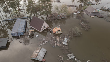 Global warming, floods on the planet.The apocalypse, catastrophes.Storms and destruction.Natural disasters,climate change,the riot of nature.The remnants of human life are floating in dirty water.Endの写真素材