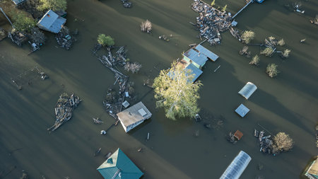 Global warming, floods on the planet.The apocalypse, catastrophes.Storms and destruction.Natural disasters,climate change,the riot of nature.The remnants of human life are floating in dirty water.Endの写真素材